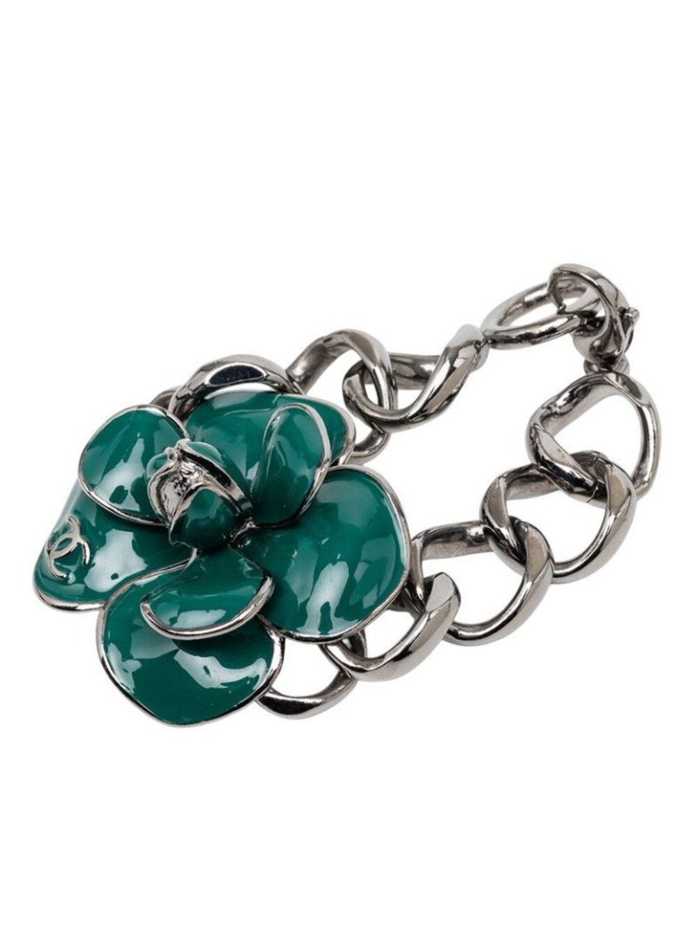 Chanel CC Logo Camellia Chain Bracelet 06c Silver Green Metal